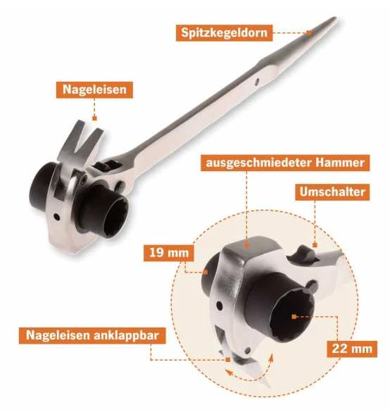Projahn Gerüstbauerschlüssel 17 X 19 Mm, mit Hammer Und Nageleisen Funktion 5 Projahn Gerüstbauerschlüssel 17 X 19 Mm, mit Hammer Und Nageleisen Funktion – Bild 3