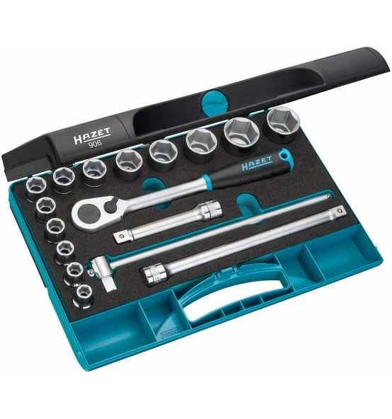 Hazet Steckschlüssel Satz, Vierkant Hohl 12,5 Mm (1/2"), Außen-Sechskant-Tractionsprofil, Anzahl Werkzeuge: 17, Art.Nr. 906 3 Hazet Steckschlüssel Satz, Vierkant Hohl 12,5 Mm (1/2"), Außen-Sechskant-Tractionsprofil, Anzahl Werkzeuge: 17, Art.Nr. 906