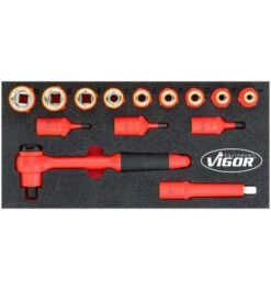 VIGOR VDE Steckschlüssel Satz, Vierkant Hohl 12,5 Mm (1/2"), Außen Sechskant Profil, Innen Sechskant Profil, 5 - 24, Anzahl Werkzeuge: 14, 2K Weichsch