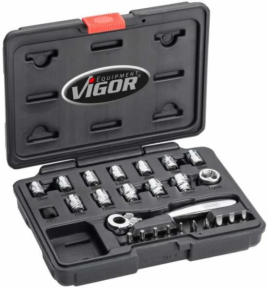 VIGOR Steckschlüssel Satz, Superflach, Vierkant Hohl 6,3 Mm (1/4"), Außen Sechskant Profil, 4 - 14, Anzahl Werkzeuge: 25 3 VIGOR Steckschlüssel Satz, Superflach, Vierkant Hohl 6,3 Mm (1/4"), Außen Sechskant Profil, 4 - 14, Anzahl Werkzeuge: 25